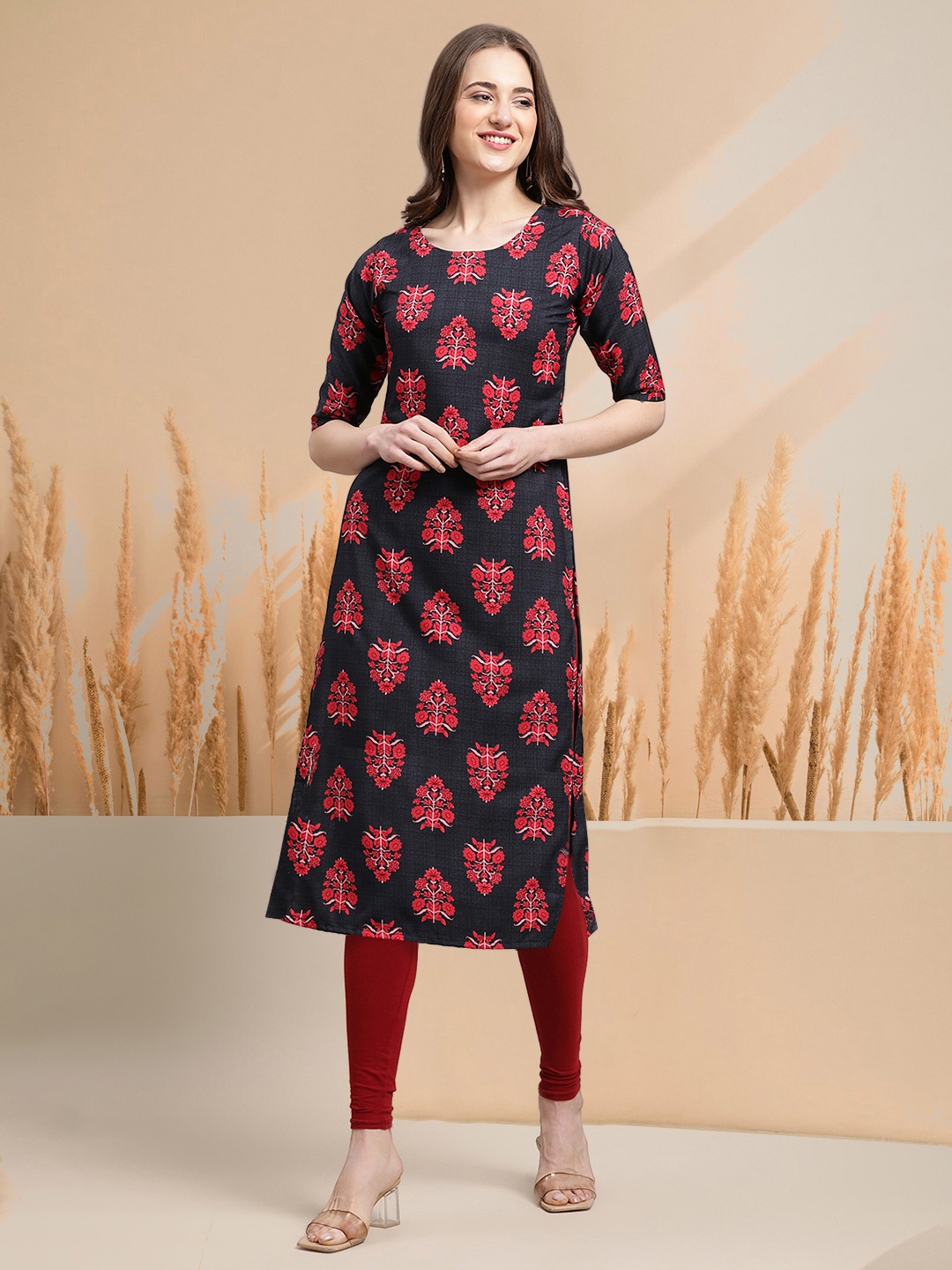 

7Threads Selection Of 6 Floral Printed Round Neck Straight Kurtas, Navy blue