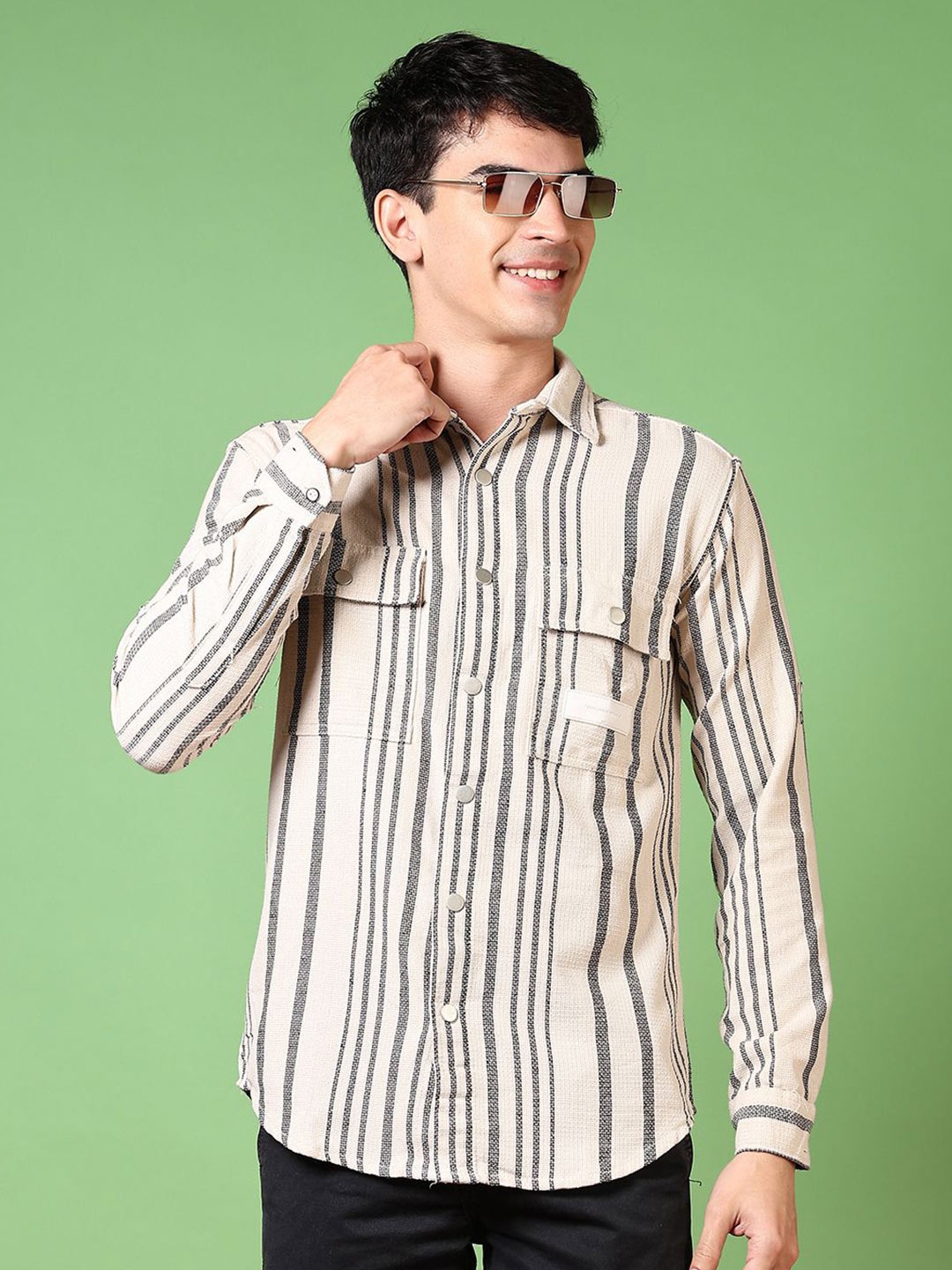 

V-Mart Men Spread Collar Vertical Striped Cotton Casual Shirt, Cream