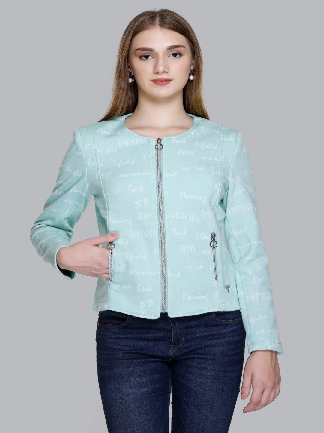 

DIONA Women Collarless Typography Printed Cotton Casual Tailored Jacket, Sea green
