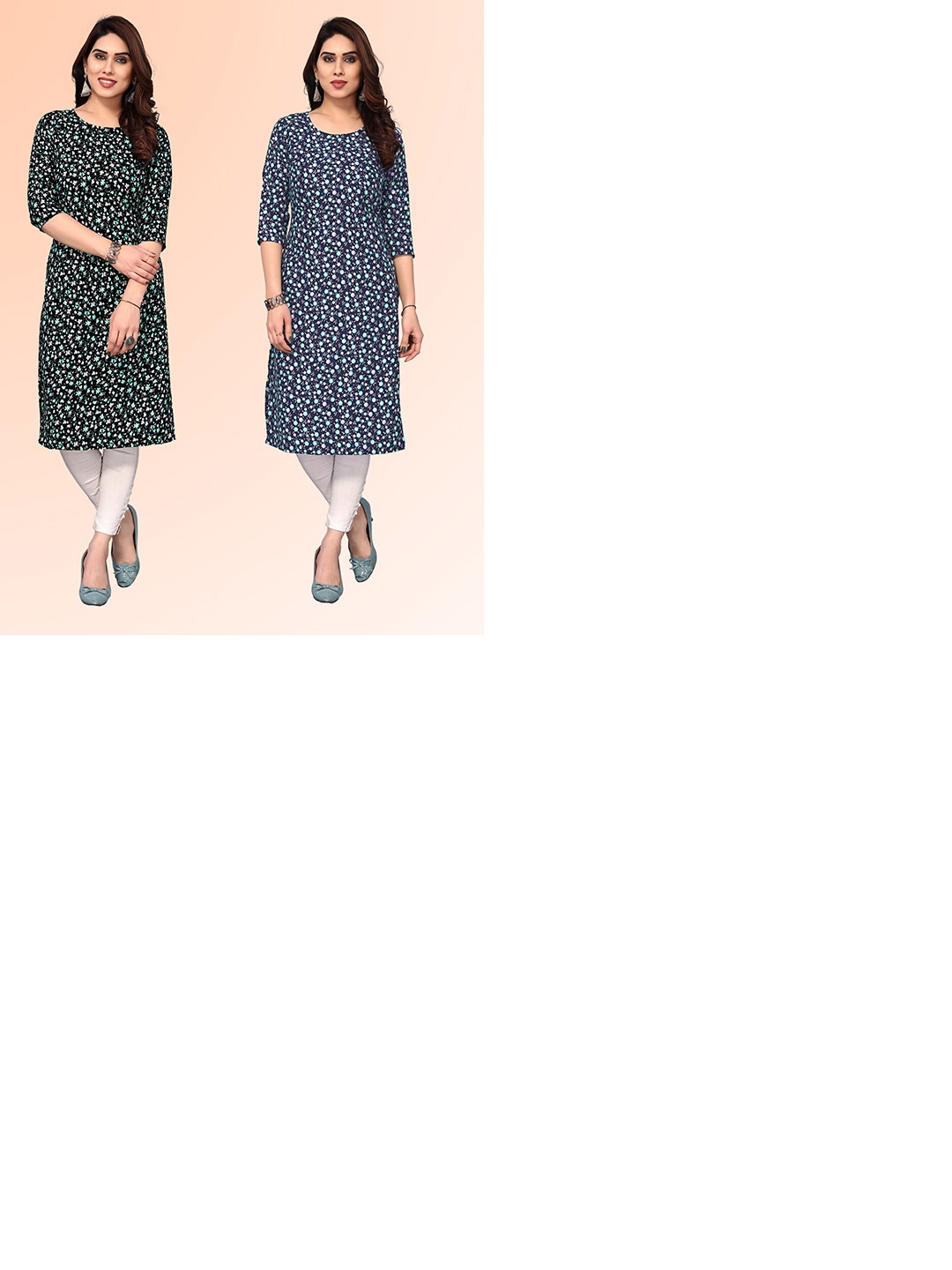 

KETAKI FASHION Selection Of 2 Floral Printed Round Neck Straight Kurtas, Black