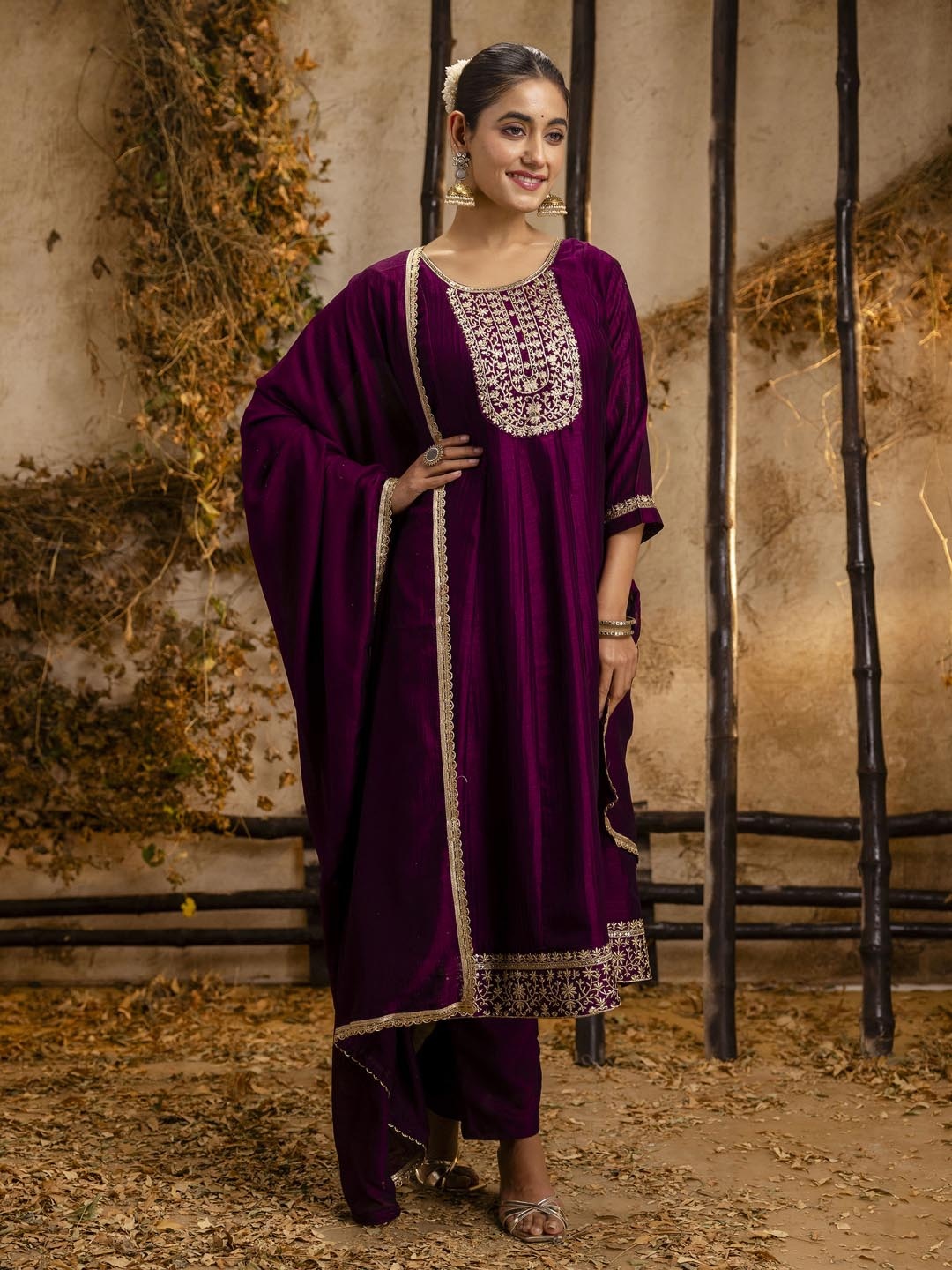 

VredeVogel Zari Embellished Round Neck Anarkali Kurta With Trouser And Dupatta, Purple