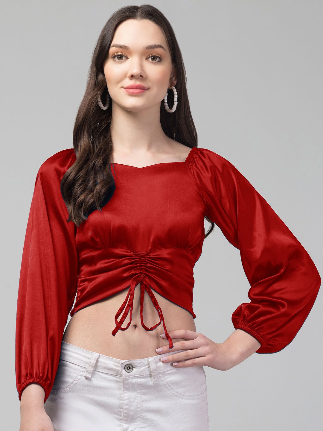 

CULPI Women Sweetheart Neck Puff Sleeve Ruched Satin Crop Top, Red