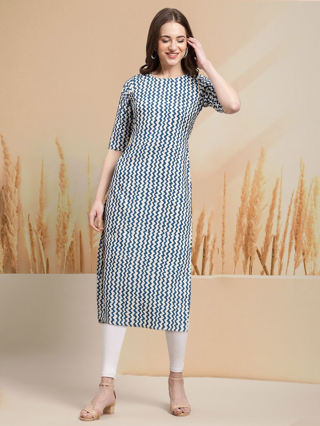 

7Threads Selection Of 2 Chevron Printed Round Neck Straight Kurtas, Teal