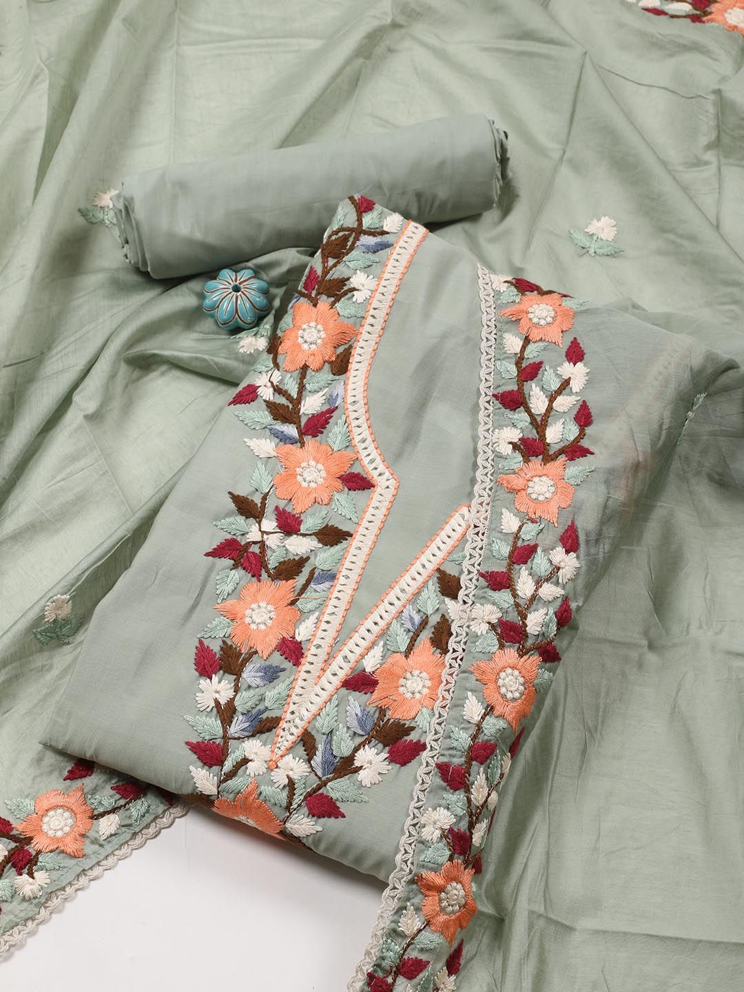 

Meena Bazaar Embroidered Art Silk Unstitched Dress Material, Green