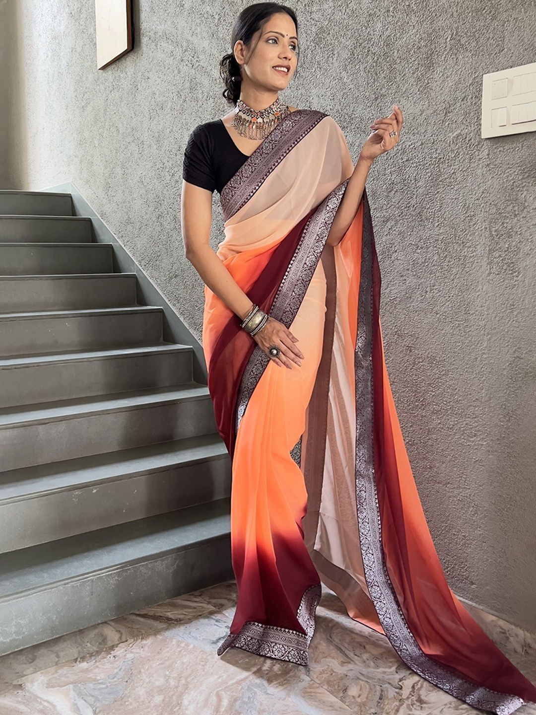 

Aika Ombre Dyed Zari Saree with Blouse Piece, Orange