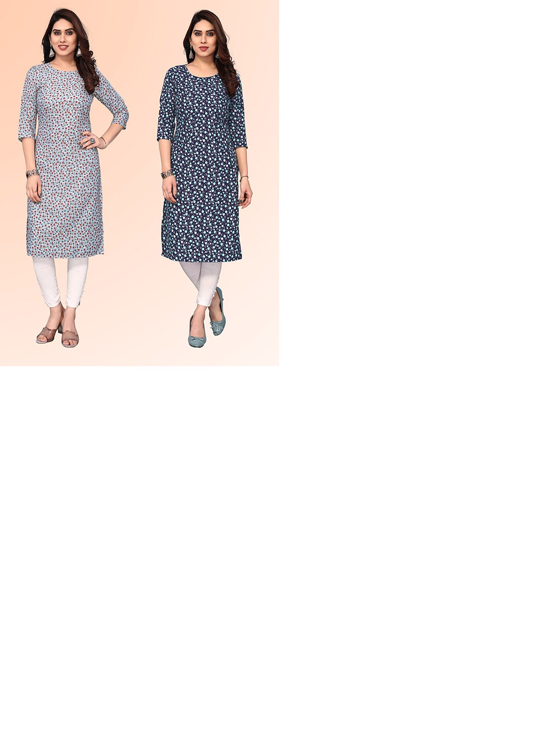 

KETAKI FASHION Selection of 2 Floral Printed Round Neck Straight Kurtas, Blue