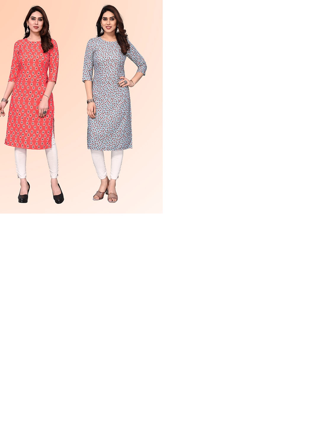 

KETAKI FASHION Selection of 2 Ethnic Motifs Printed Round Neck Straight Kurtas, Pink