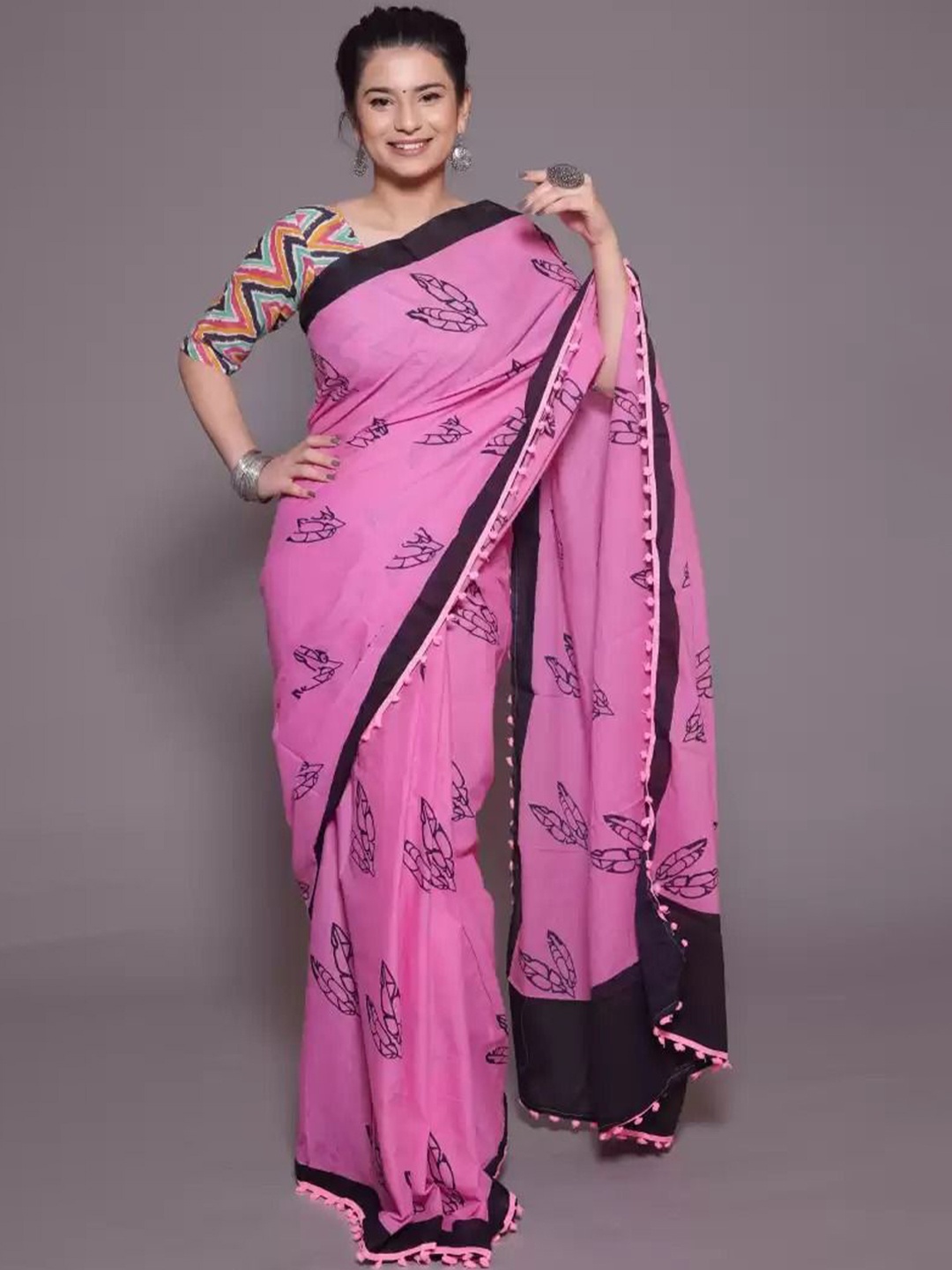 

Craft Musium Floral Pure Cotton Bagru Saree, Pink