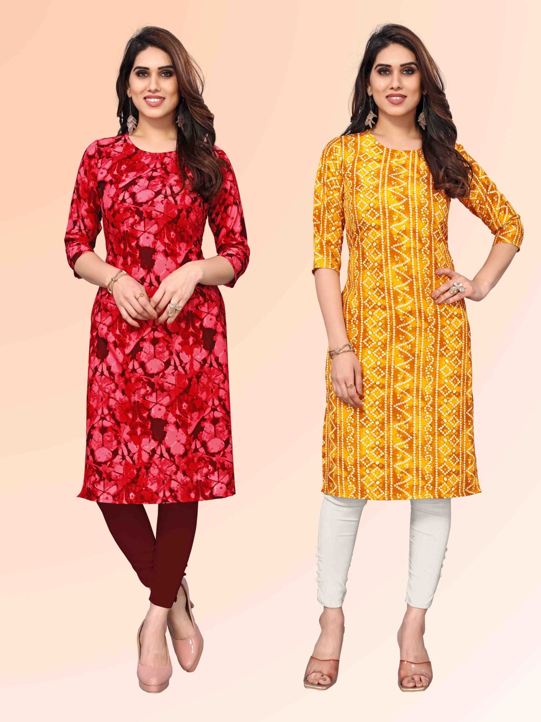 

KETAKI FASHION Selection Of 2 Floral Printed Round Neck Straight Kurtas, Red