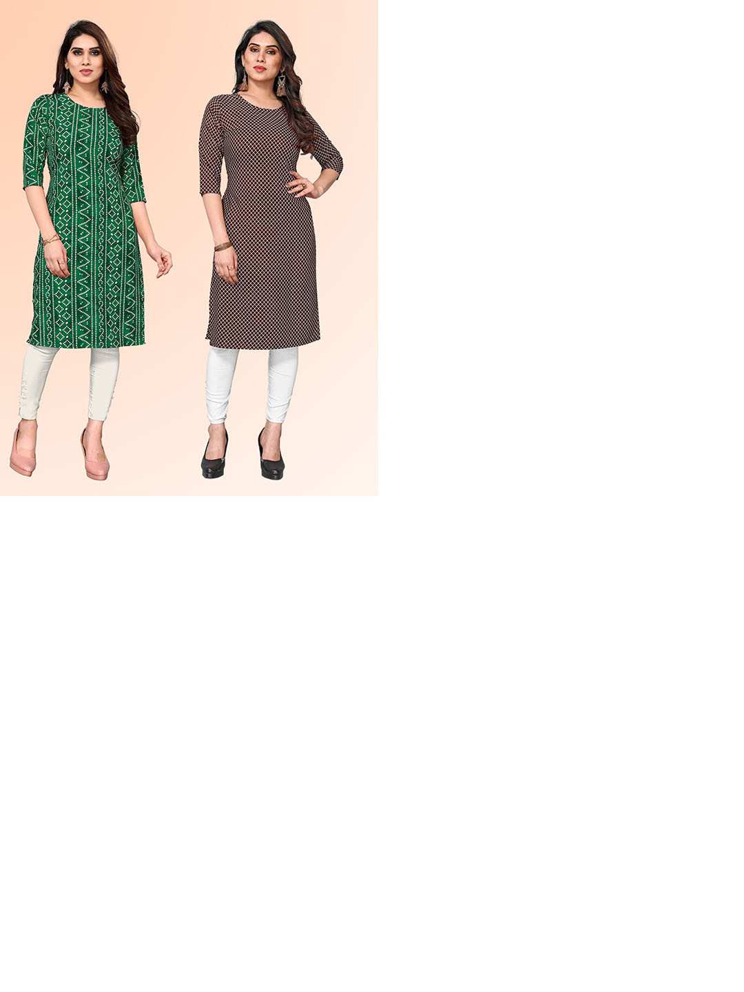 

KETAKI FASHION Selection Of 2 Bandhani Printed Round Neck Straight Kurtas, Green