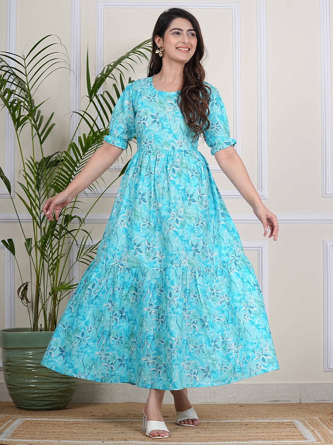 

Twirl Tales Floral Print Puff Sleeve A-Line Midi Dress, Blue