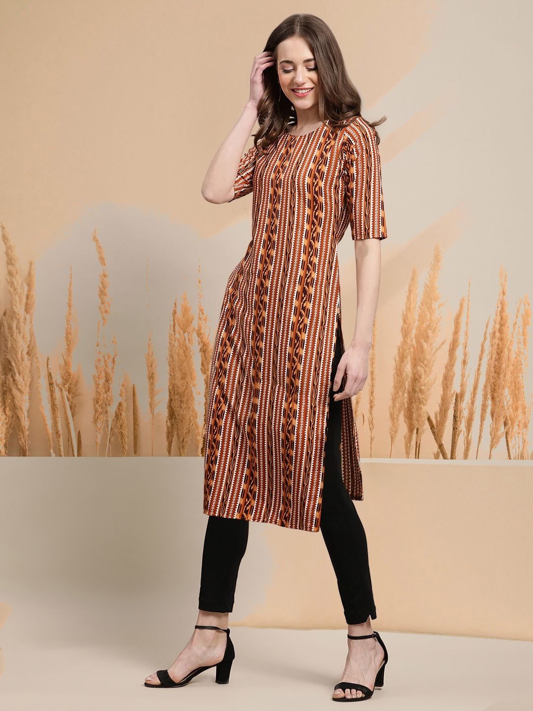 

7Threads Selection Of 5 Ethnic Motifs Printed Round Neck Straight Kurtas, Orange