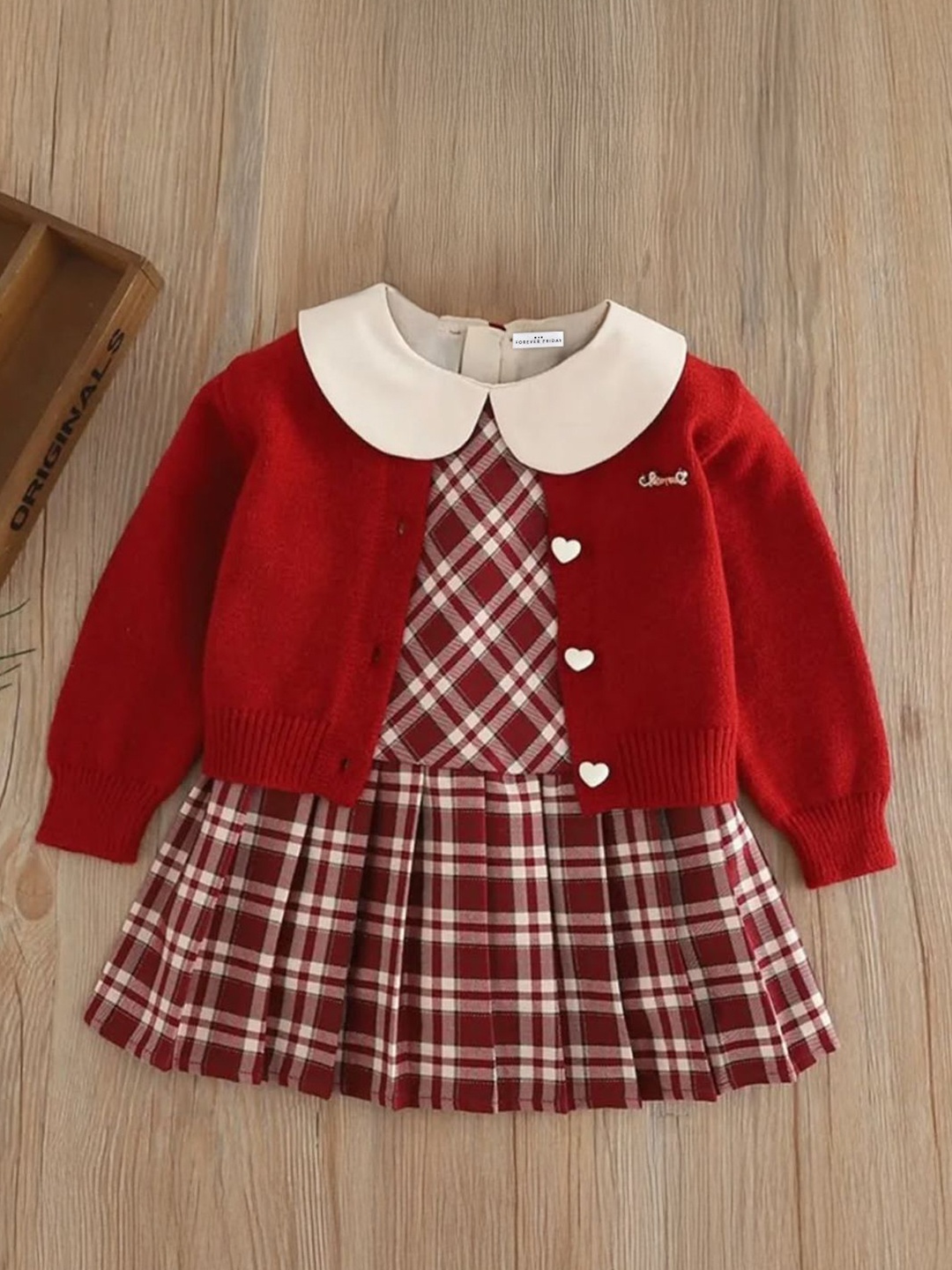 

FOREVER FRIDAY Girls Checked Peter Pan Collar A-Line Dresses, Red