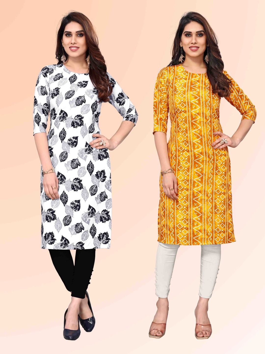 

KETAKI FASHION Selection Of 2 Floral Printed Round Neck Straight Kurtas, White