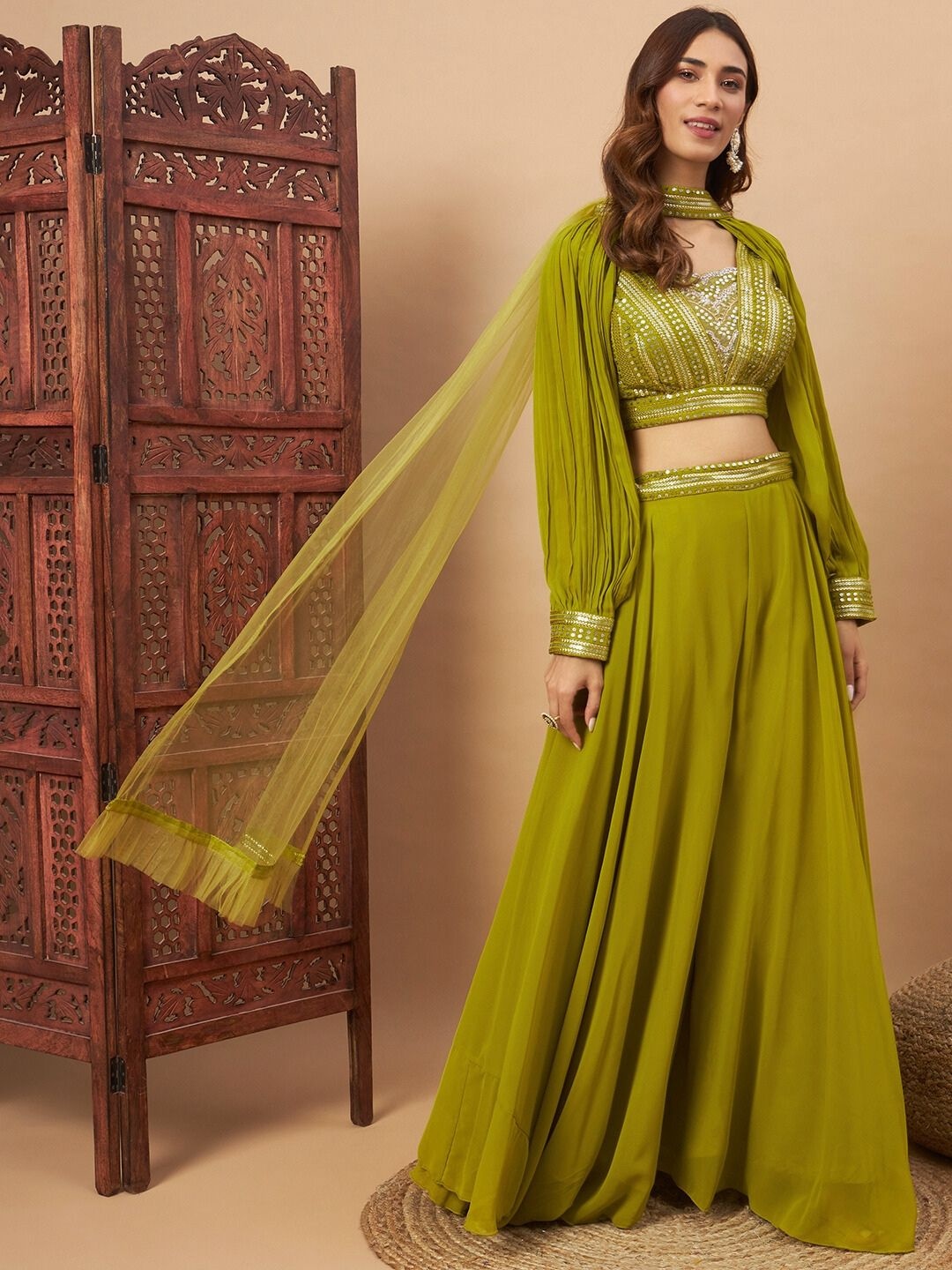 

Chhabra 555 Embroidered Mirror Work Crop Top With Palazzo & Dupatta, Green