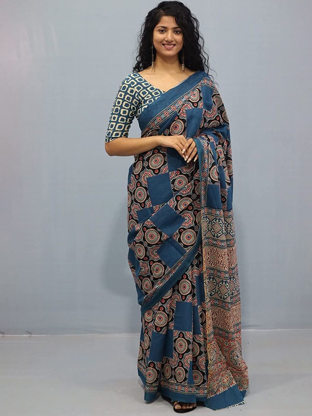 

Craft Musium Floral Pure Cotton Bagru Saree, Blue