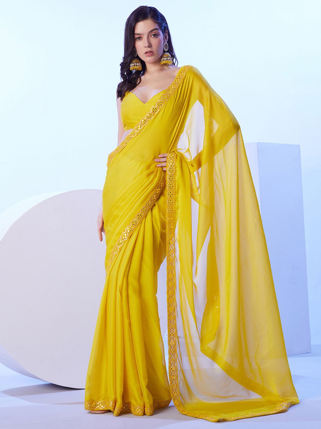 

Kalista Mirror Work Pure Chiffon Saree, Yellow
