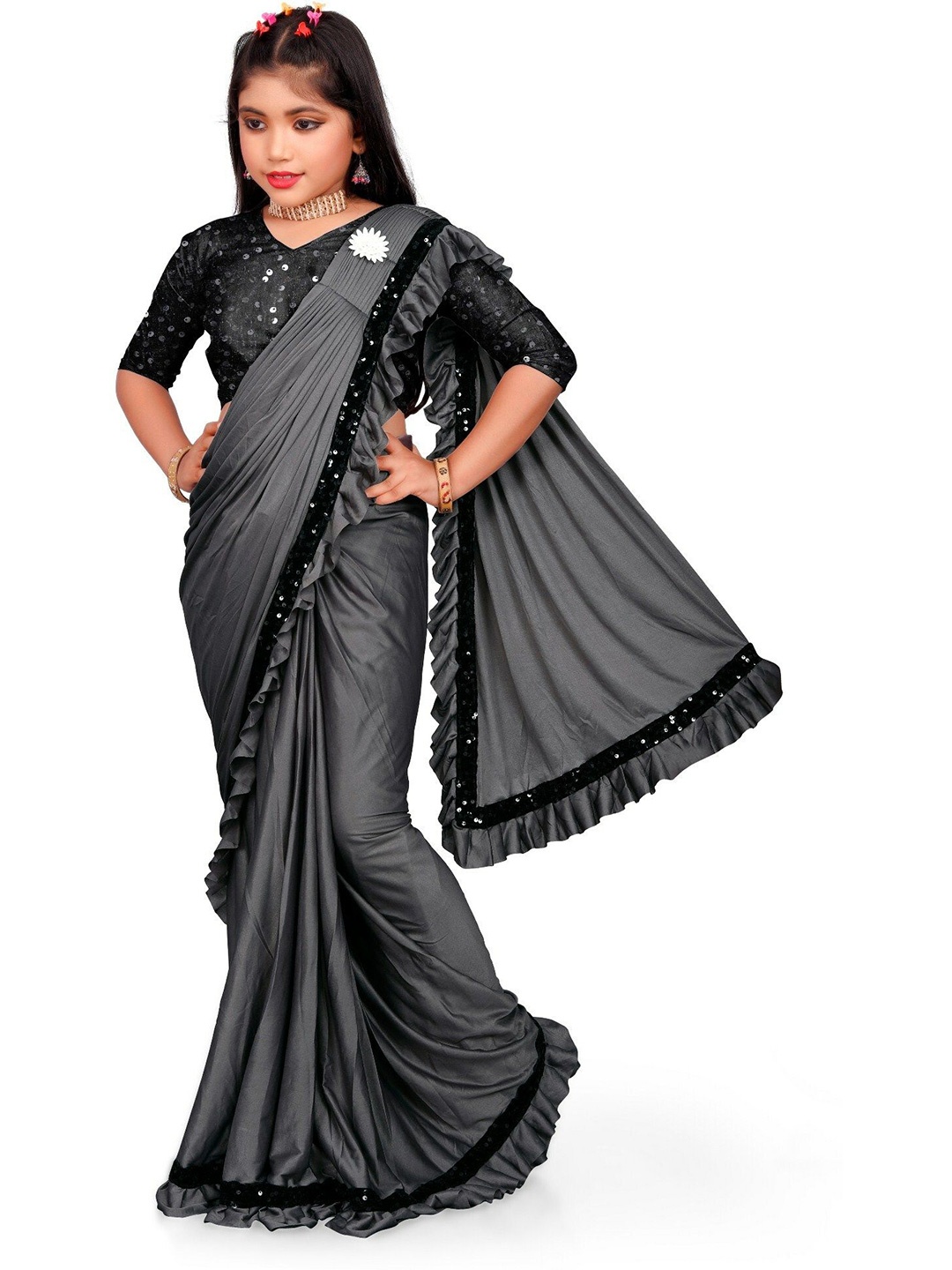 

Aika Sequinned Pure Chiffon Saree, Grey