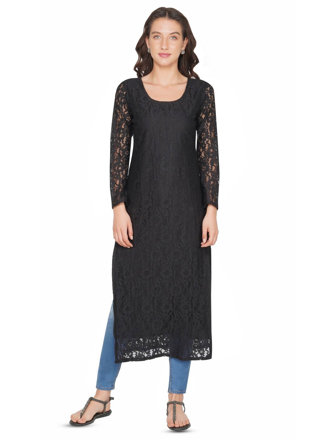 

SHIRAK Women Floral Self Design Net Kurta, Black