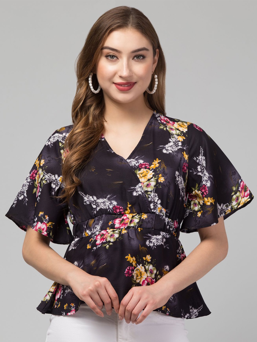 

CULPI Women Floral Printed Wrap Top, Black
