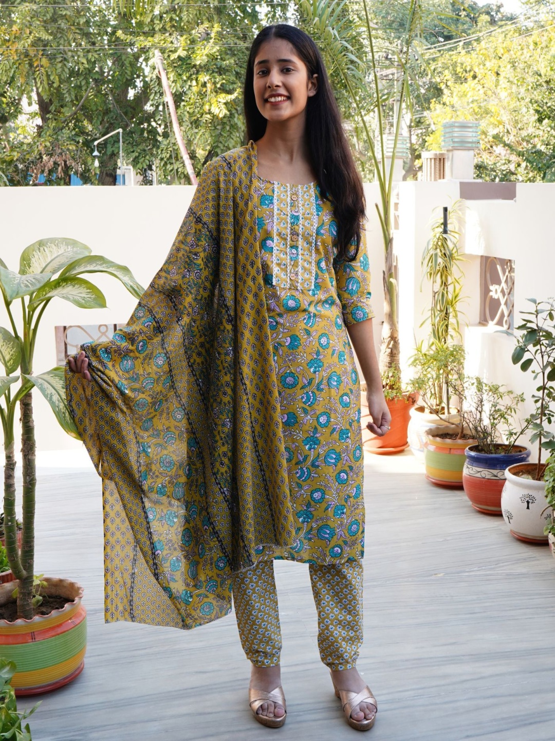 

PRETTY PALLU Floral Printed Pure Cotton Straight Kurta With Trousers And Dupatta, Mustard