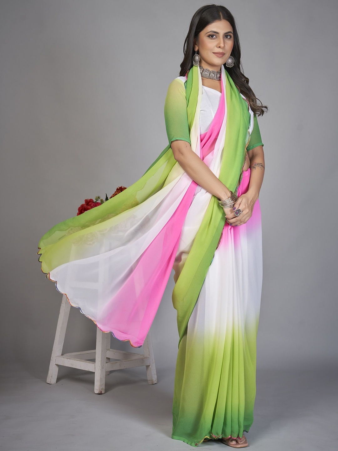 

Aika Colourblocked Embroidered Silk Blend Kanjeevaram Saree, Pink