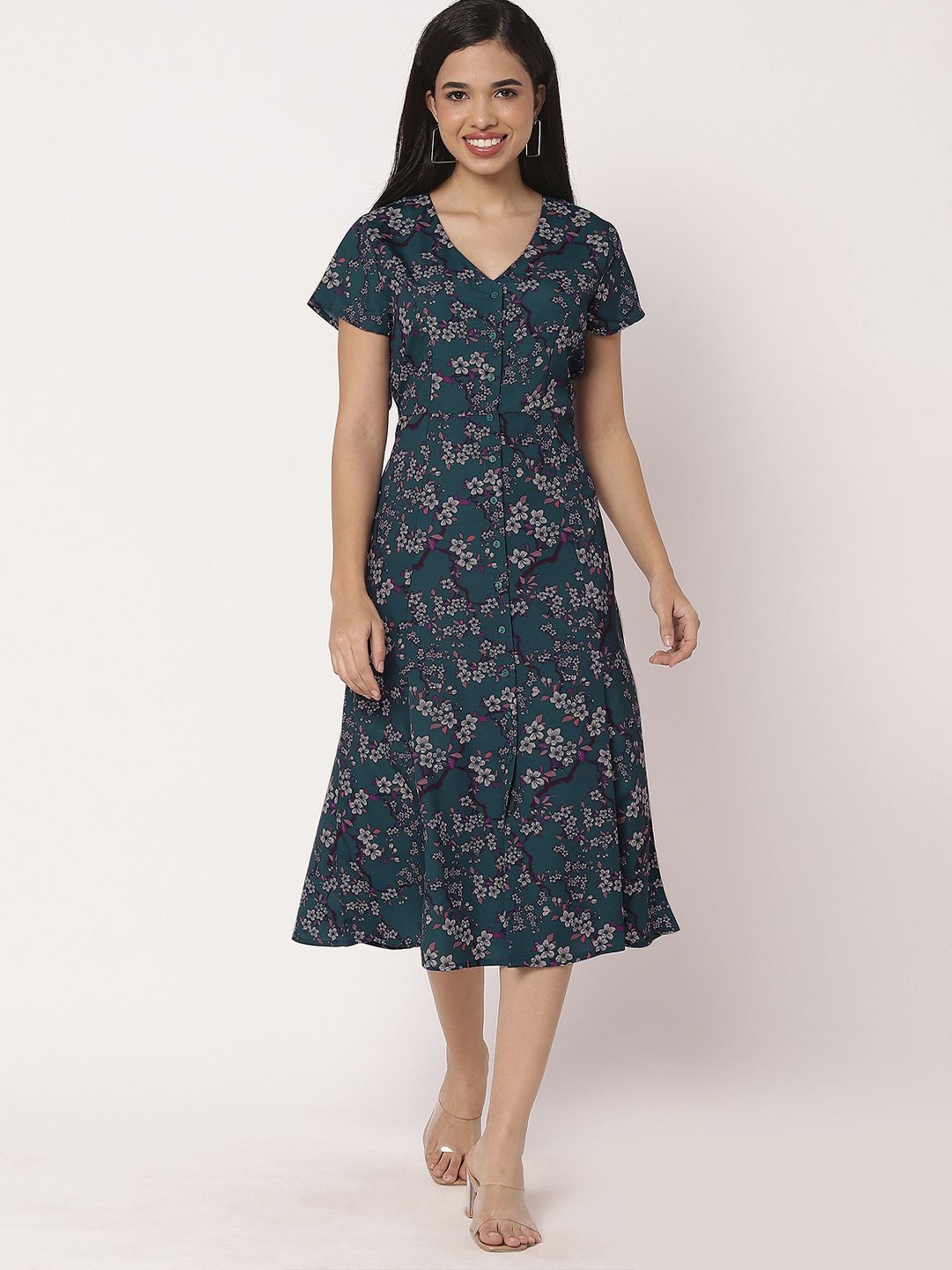 

Moomaya Women Floral Printed V-Neck A-Line Midi Dress, Teal