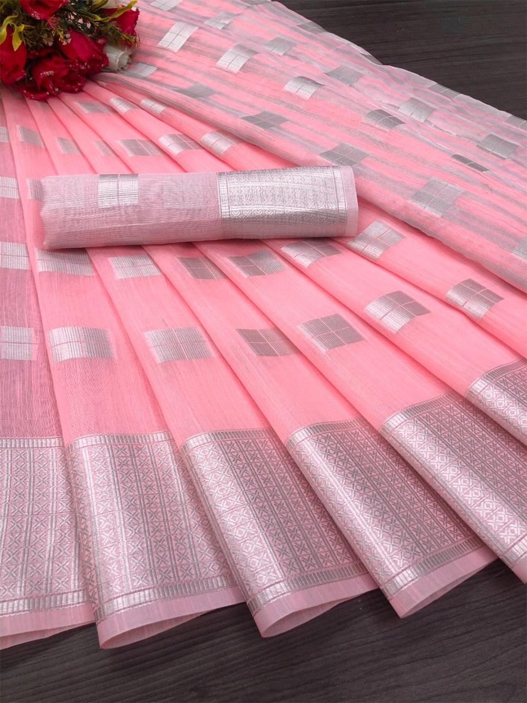 

Aika Woven Design Zari Pure Silk Banarasi Saree, Pink