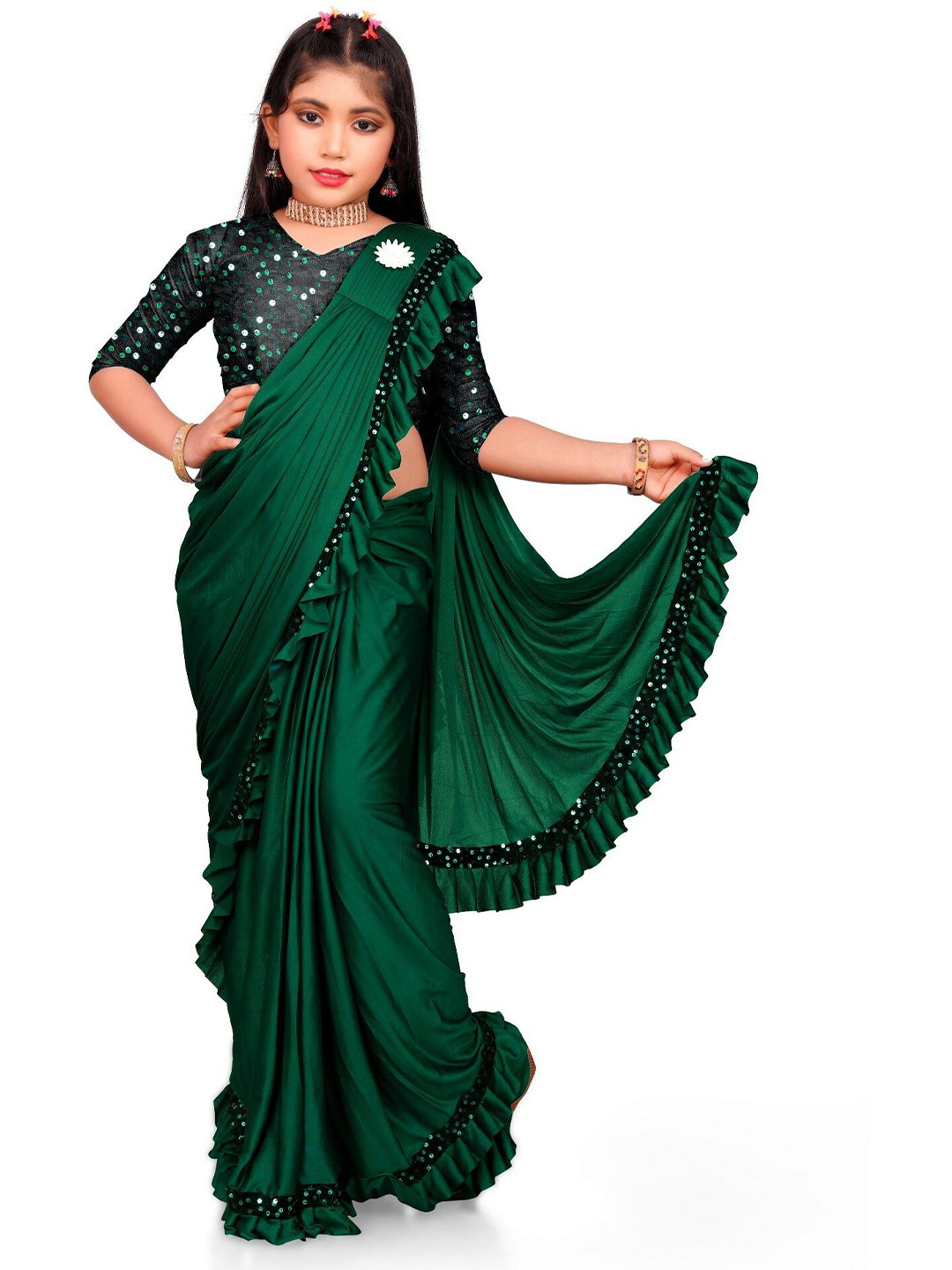 

Aika Sequinned Saree, Green