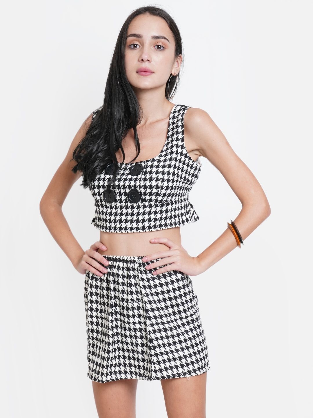 

WESTCLO Houndstooth Printed Pure Cotton Sleeveless Square Neck Top With Skirt, Black