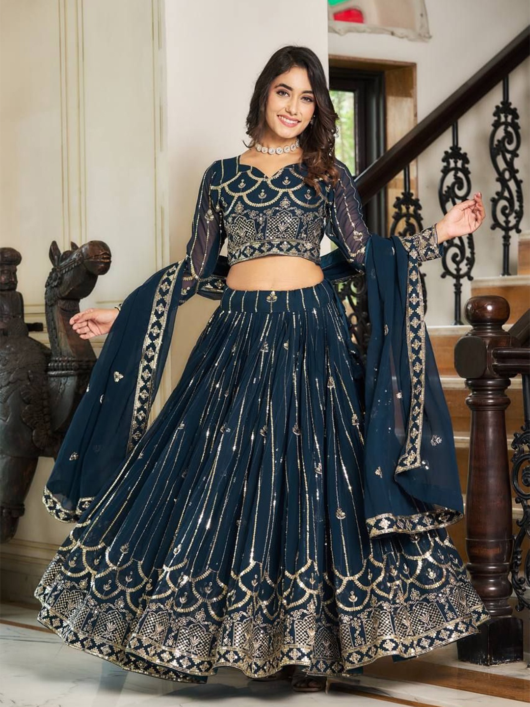 

Ethnic Yard Embroidered Sequinned Silk Georgette Ready to Wear Lehnega Choli, Turquoise blue