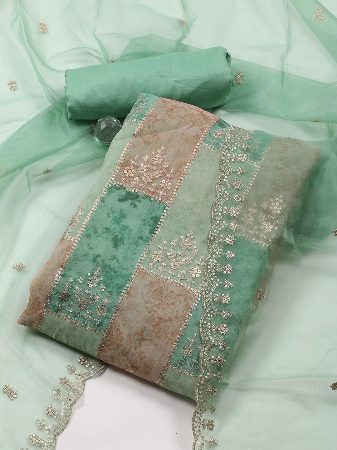 

Meena Bazaar Embellished Organza Unstitched Dress Material, Green