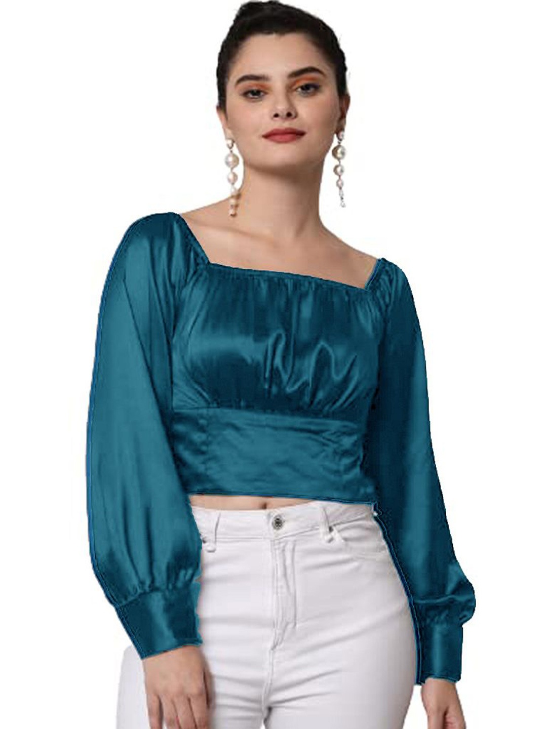 

CULPI Satin Cinched Waist Crop Top, Teal