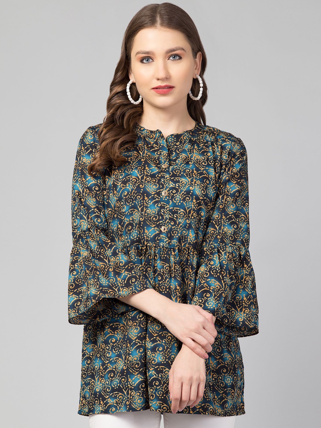 

CULPI Floral Printed Mandarin Collar Crepe Bell Sleeves Top, Green