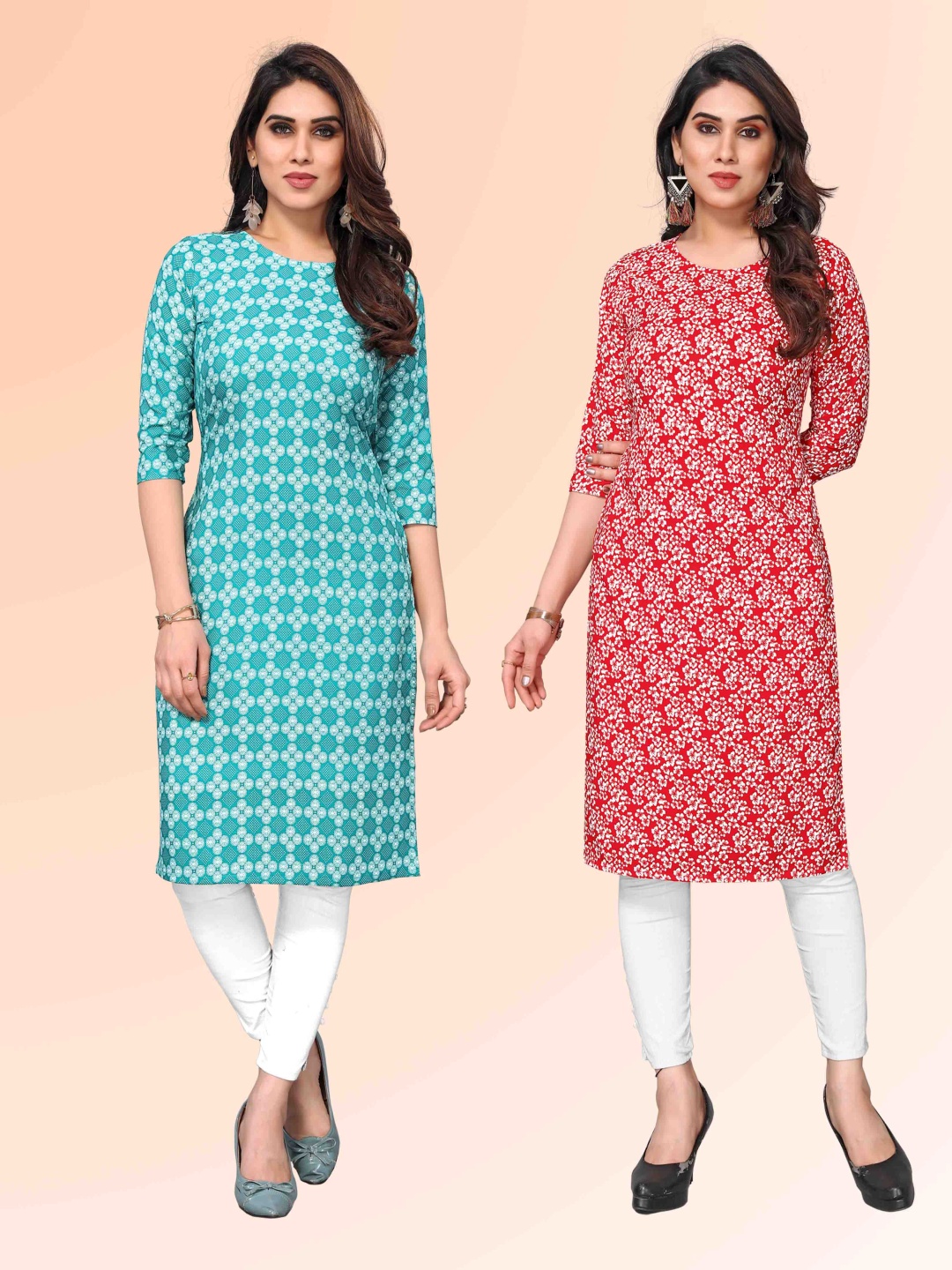 

KETAKI FASHION Selection Of 2 Geometric Printed Round Neck Straight Kurtas, Green