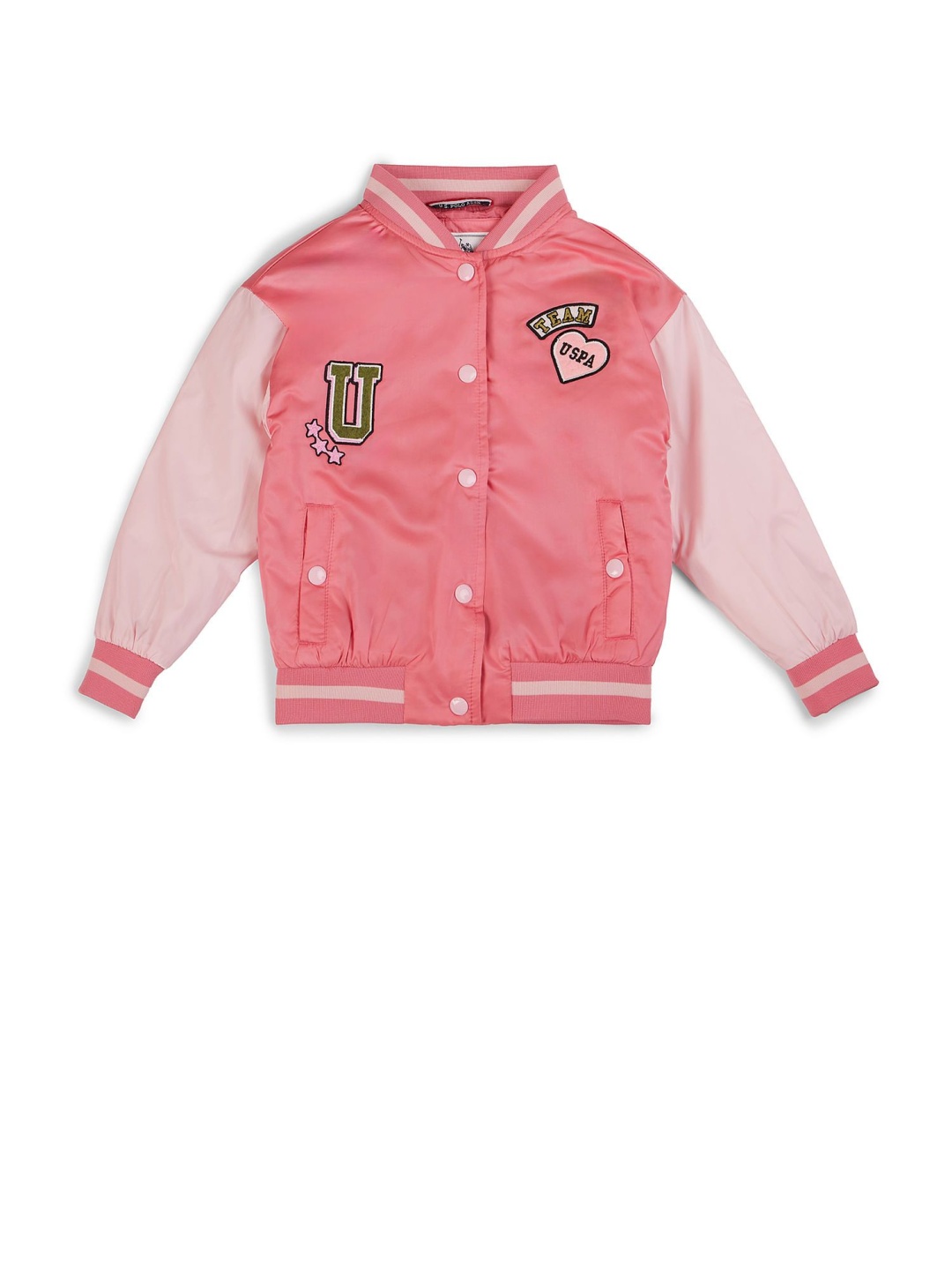 

U.S. Polo Assn. Kids Girls Stand Collar Colourblocked Casual Bomber Jacket, Pink