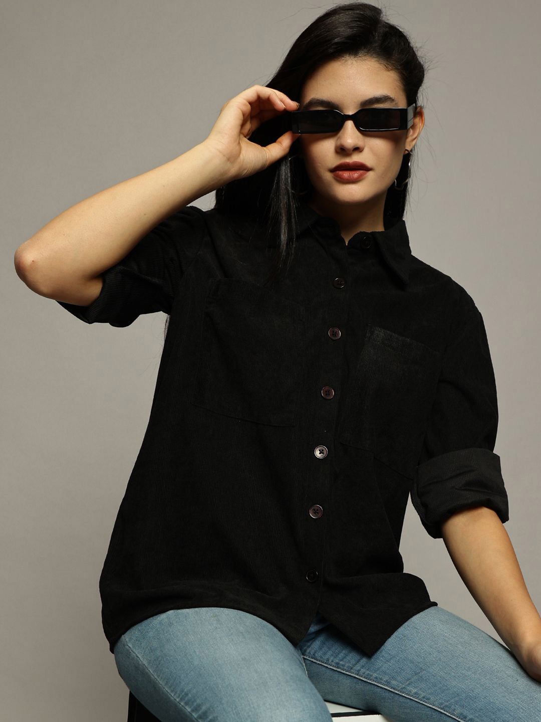 

The Roadster Lifestyle Co. Women Premium Fit Spread Collar Solid Casual Shirt, Black