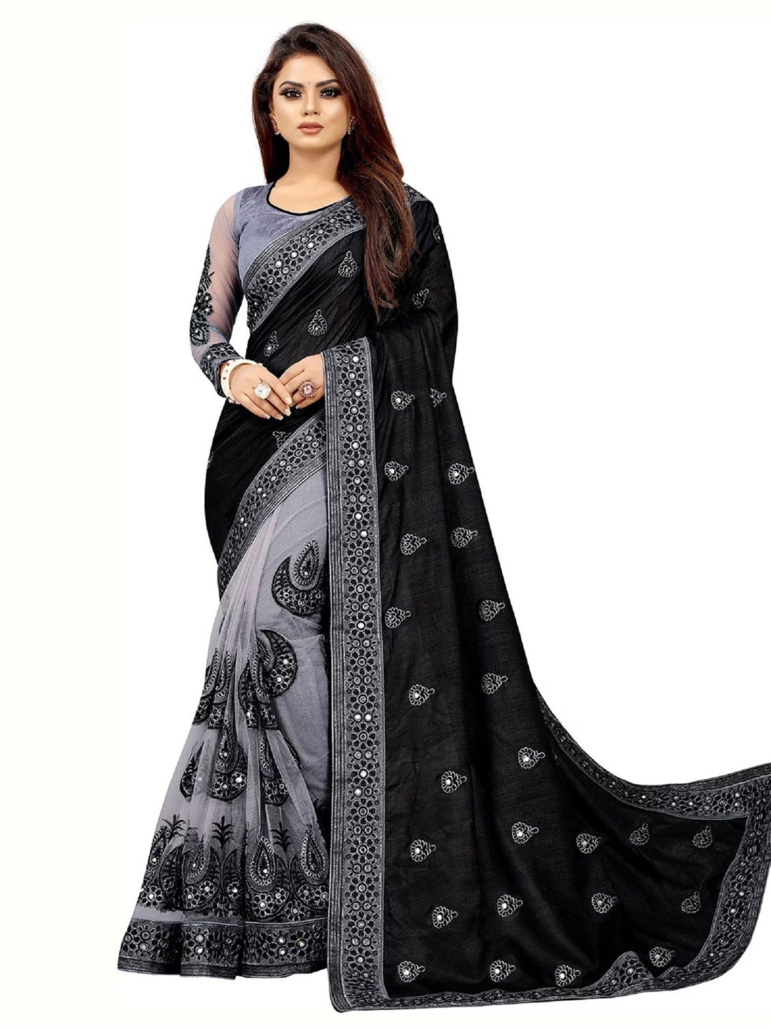 

Aika Embellished Mirror Work Banarasi Saree, Black