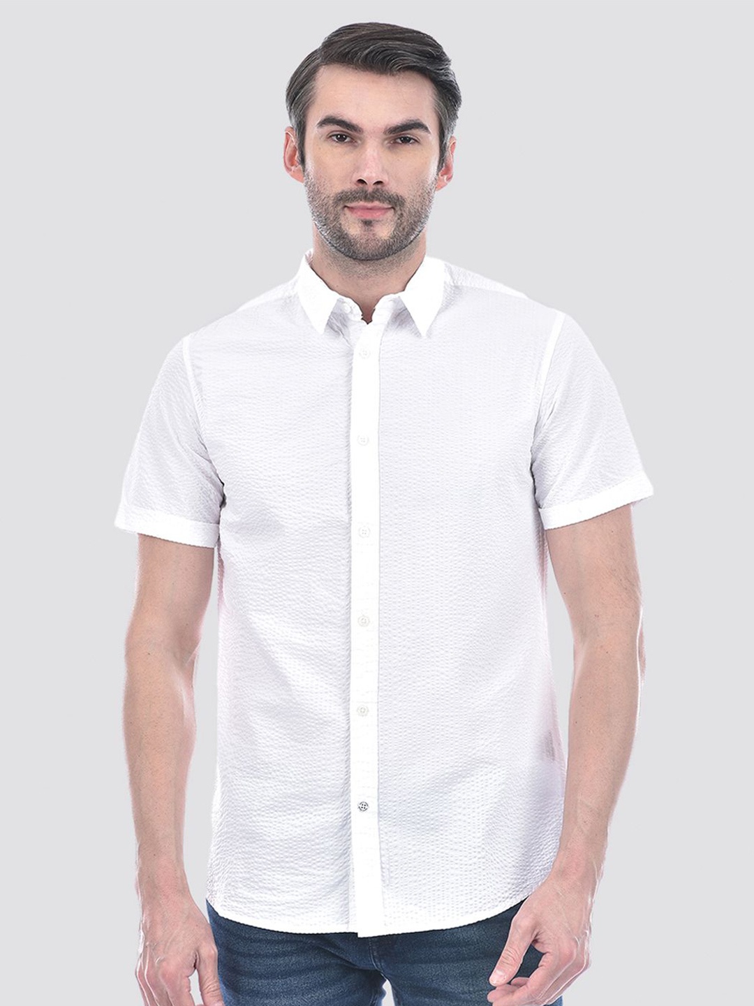 

Jack & Jones Men Slim Fit Spread Collar Textured Cotton Casual Shirt, White