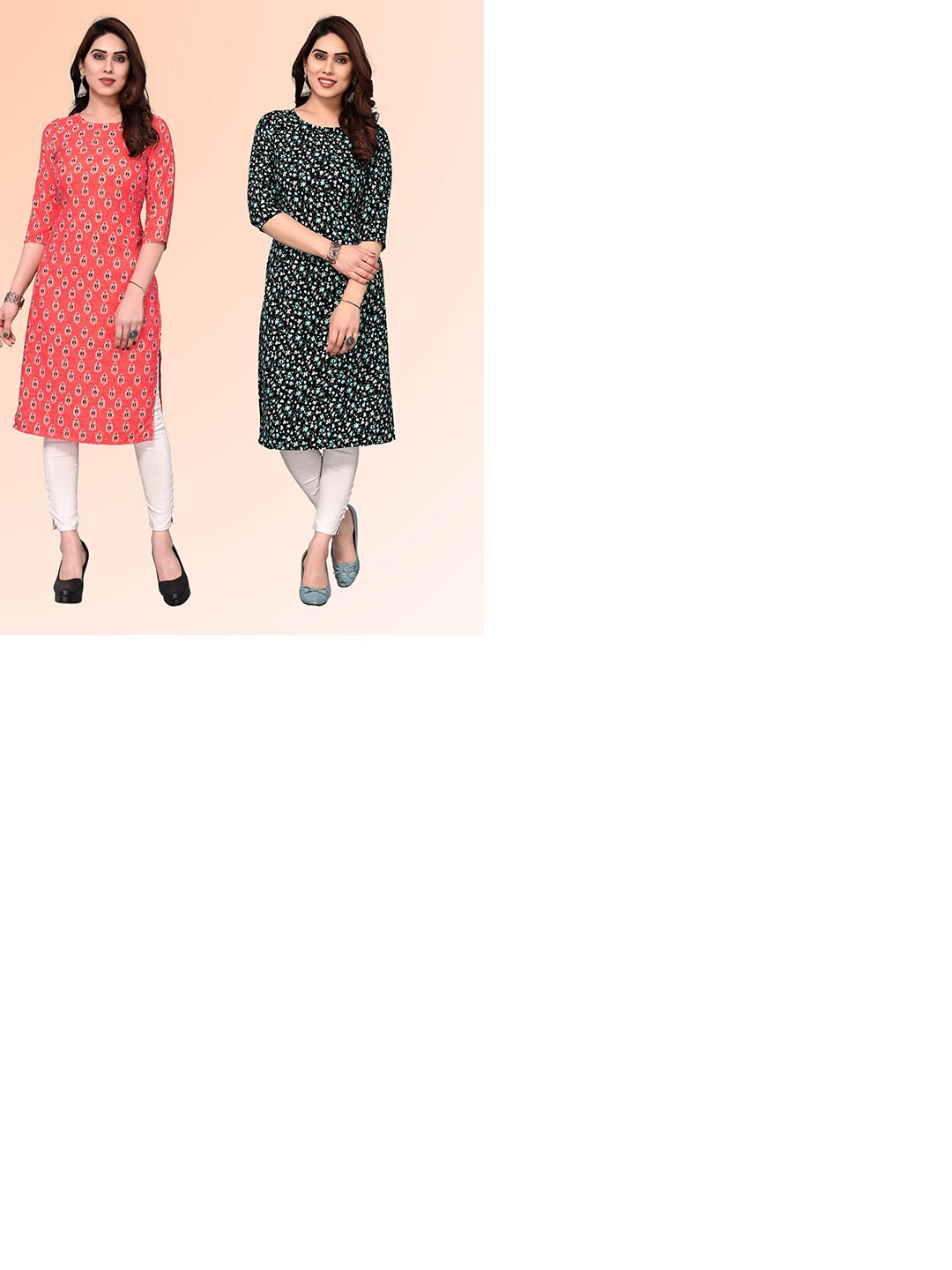 

KETAKI FASHION Selection Of 2 Ethnic Motifs Printed Round Neck Straight Kurtas, Peach