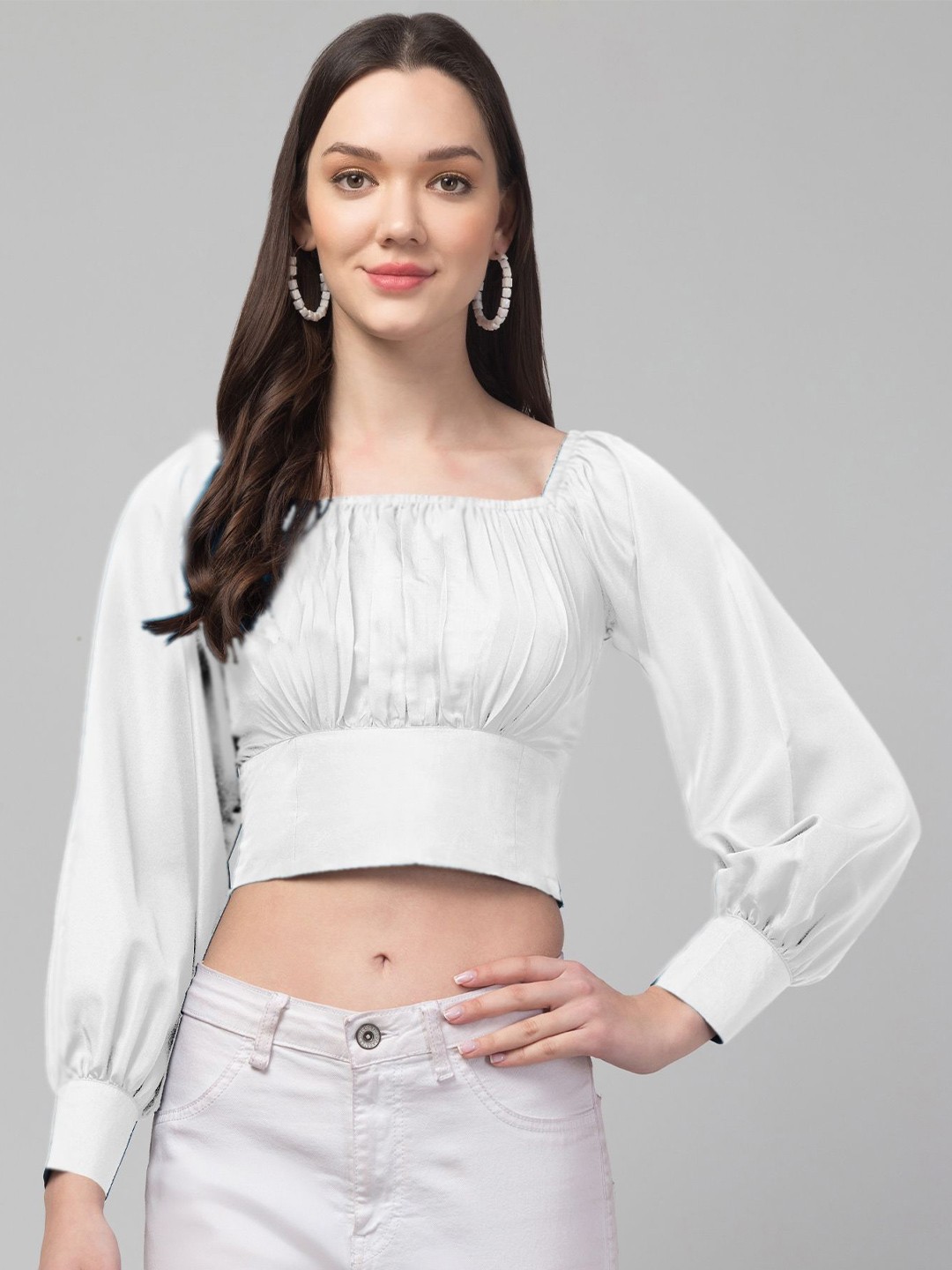 

CULPI Women Square Neck Puff Sleeve Crop Top, White