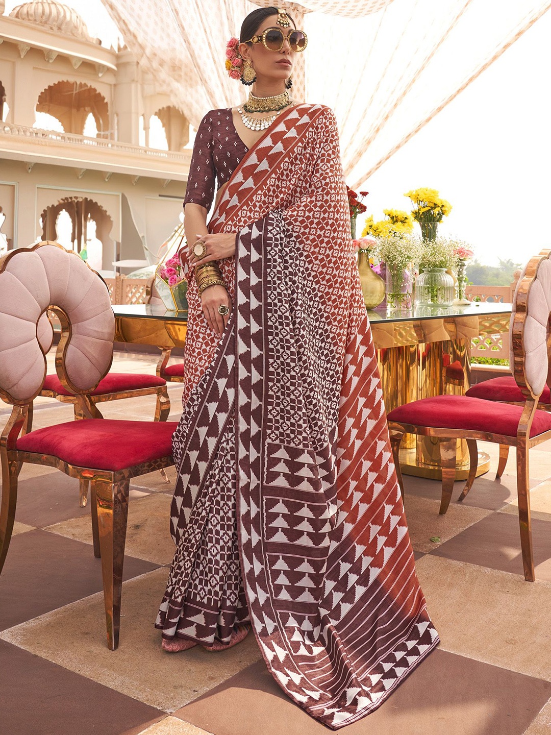 

elora Geometric Printed Saree, Orange