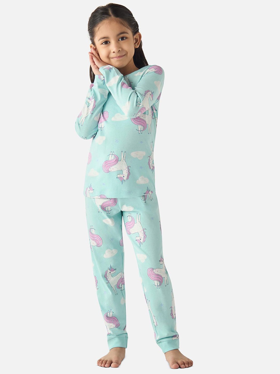 

Juniors by Babyshop Girls Unicorn Printed Pure Cotton T-Shirt With Pyjamas, Blue