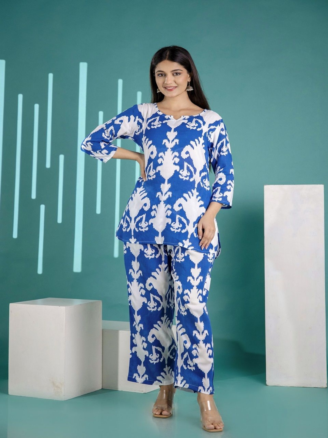 

Anouk Blue Ethnic Motifs Printed V-Neck Pure Cotton Tunic And Trouser