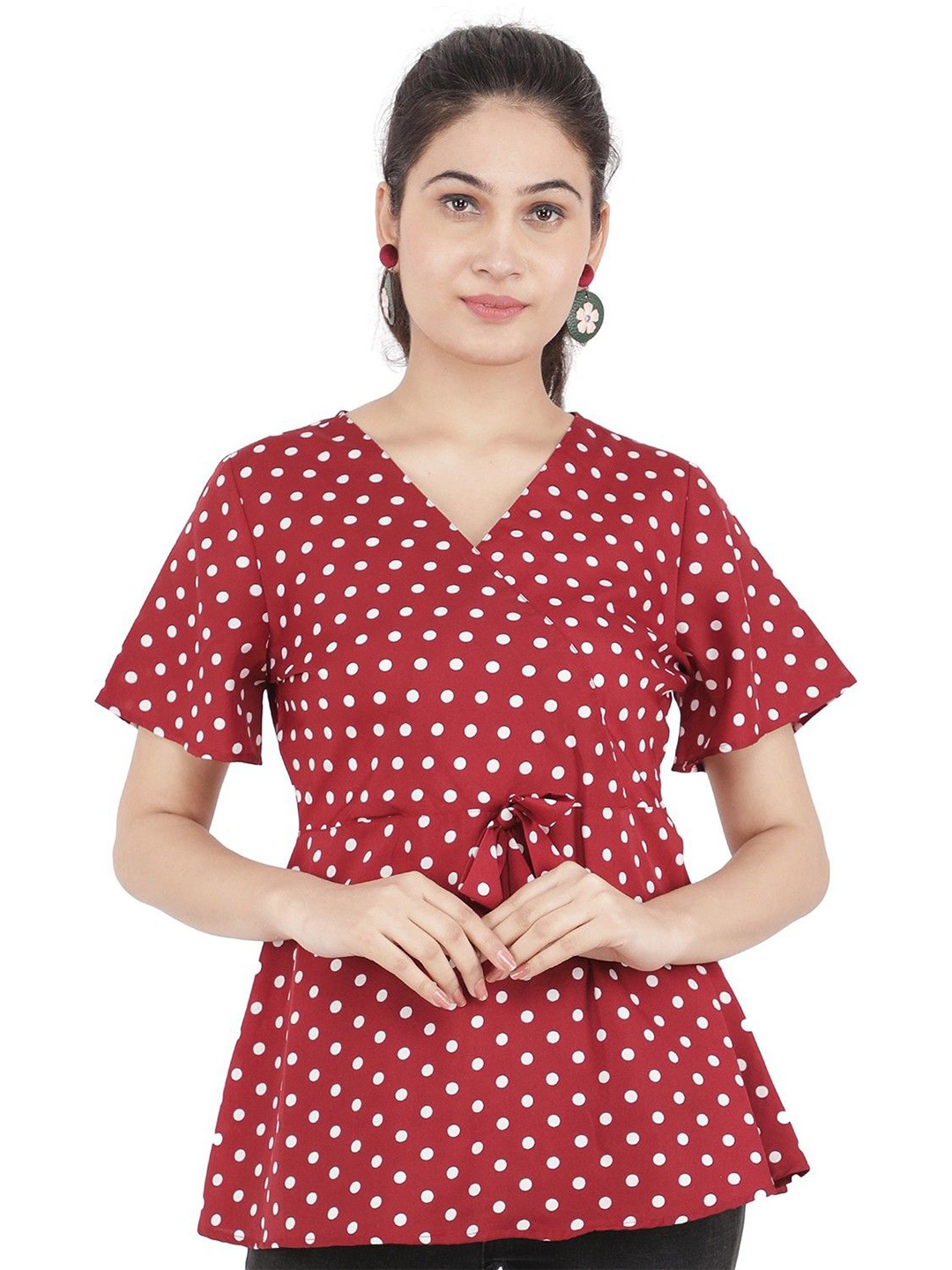 

CULPI Women Polka Dot V-Neck Flared Sleeves Printed Wrap Top, Maroon