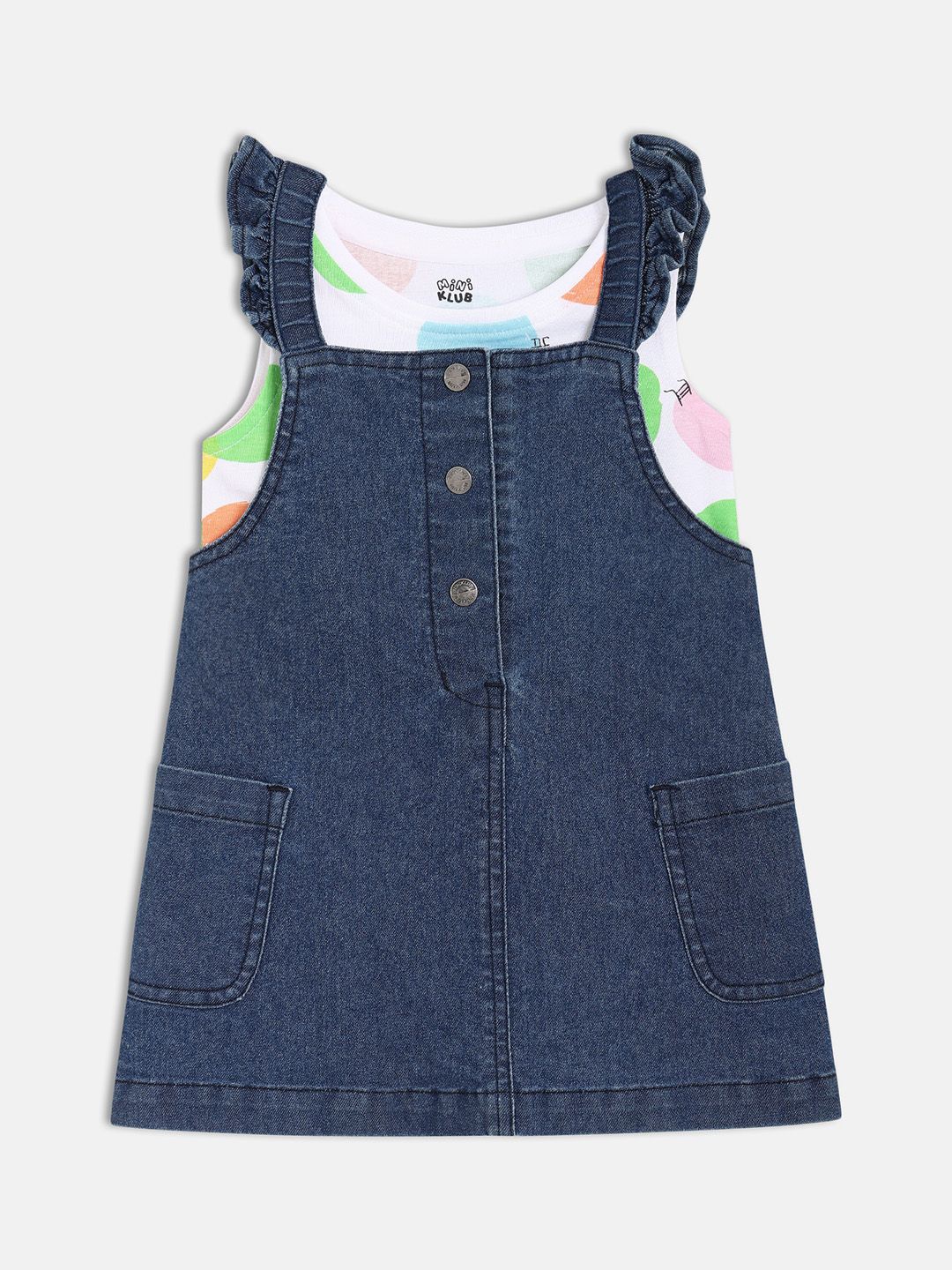 

MINI KLUB Girls Sleeveless Pure Cotton Dungarees With T-Shirt, White