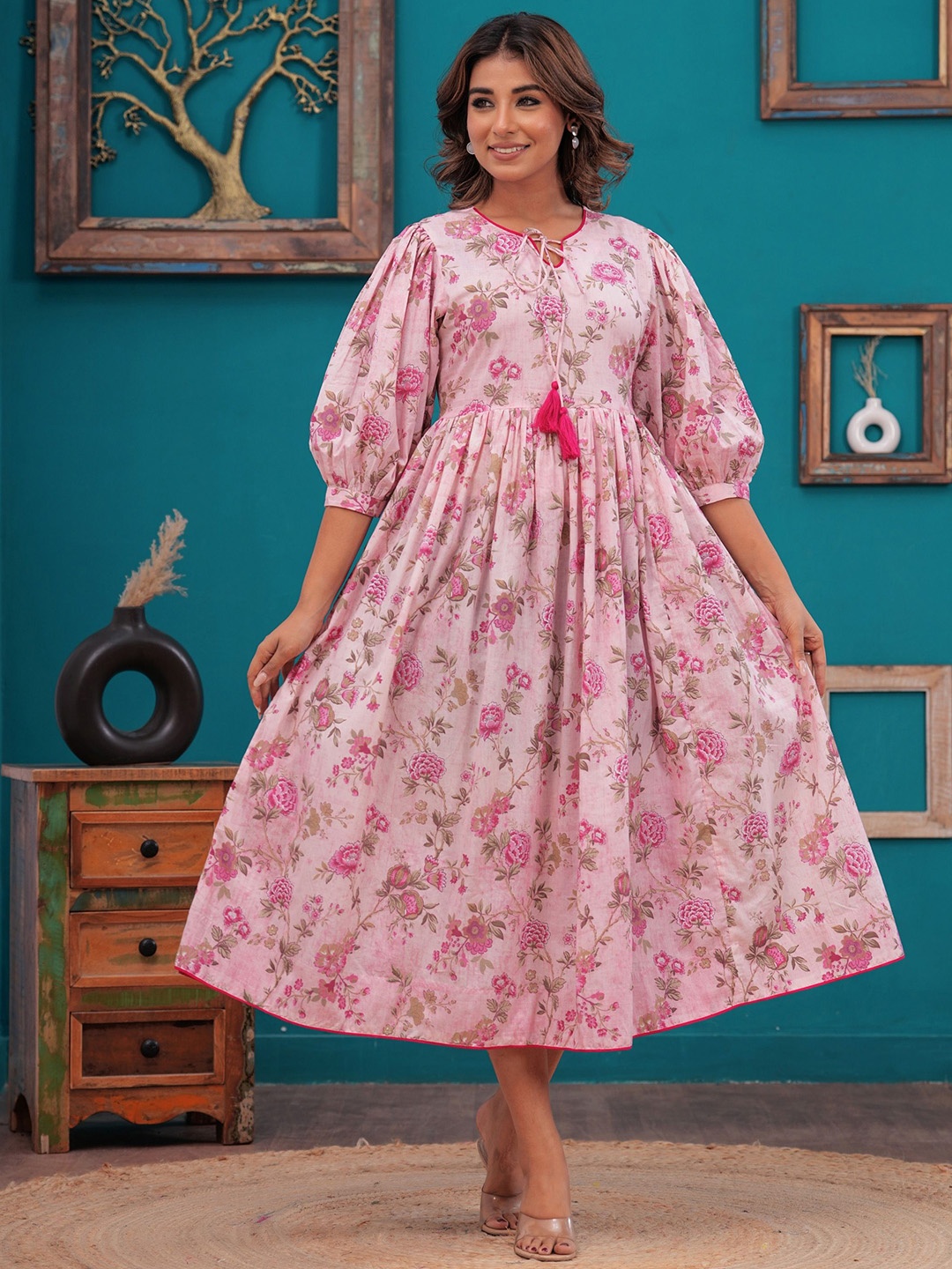 

Meeranshi Floral Print Puff Sleeve Cotton Fit & Flare Midi Dress, Pink