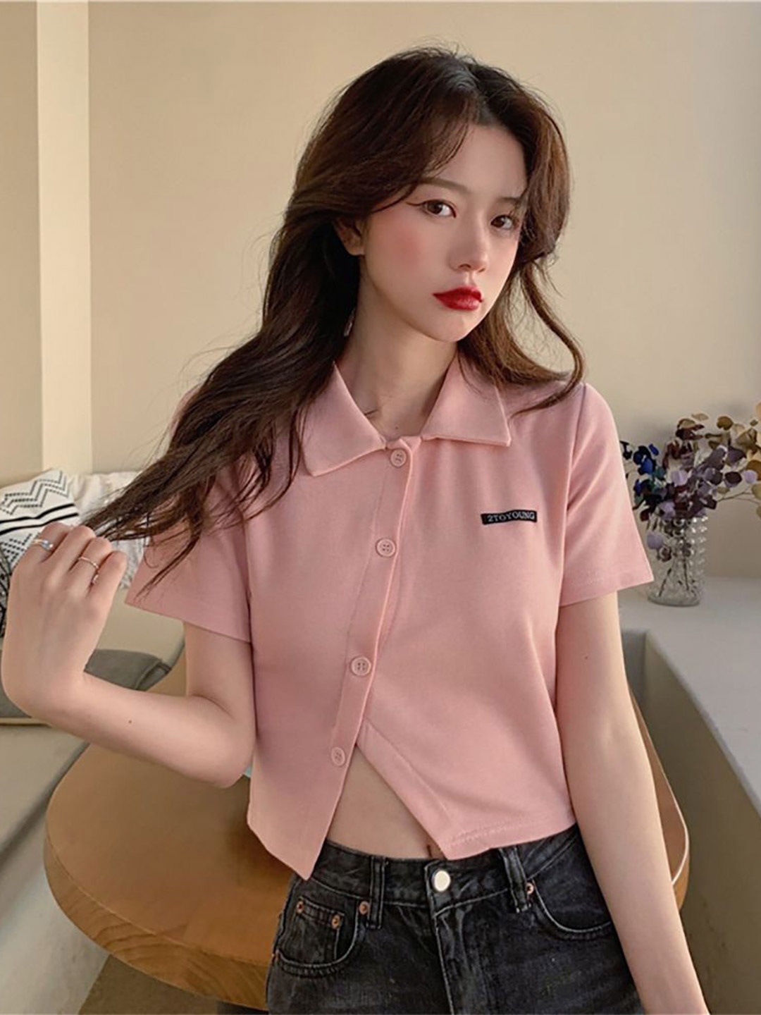 

StyleCast x Revolte Women Shirt Style Crop Top, Pink