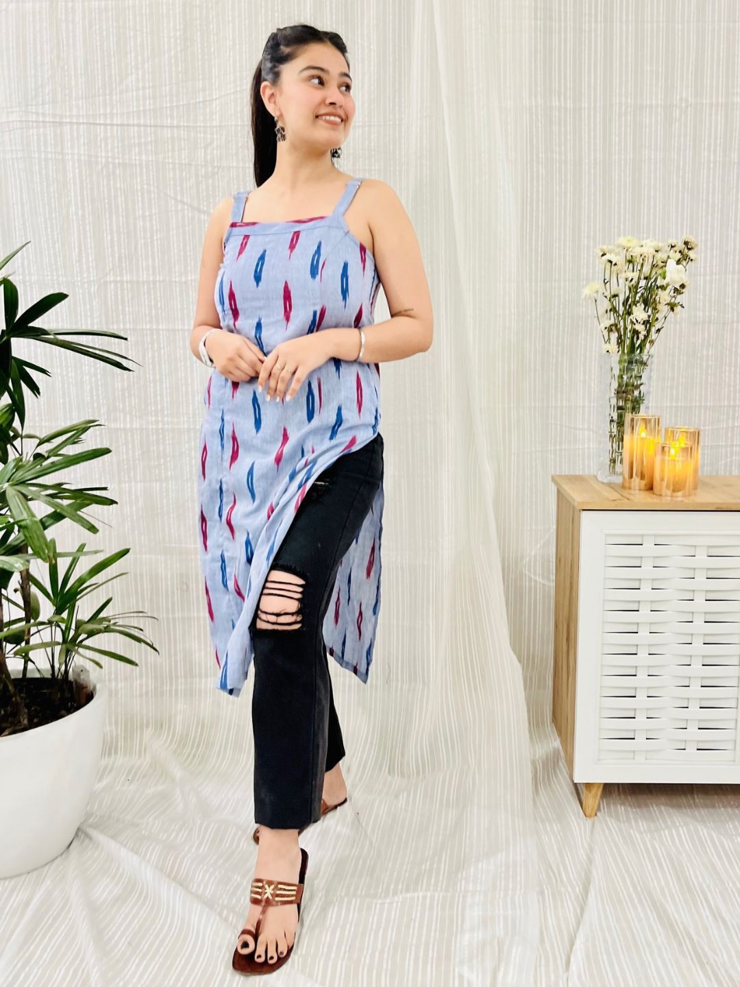 

Bohemian Dream Ethnic Motifs Printed Cotton Kurta, Grey