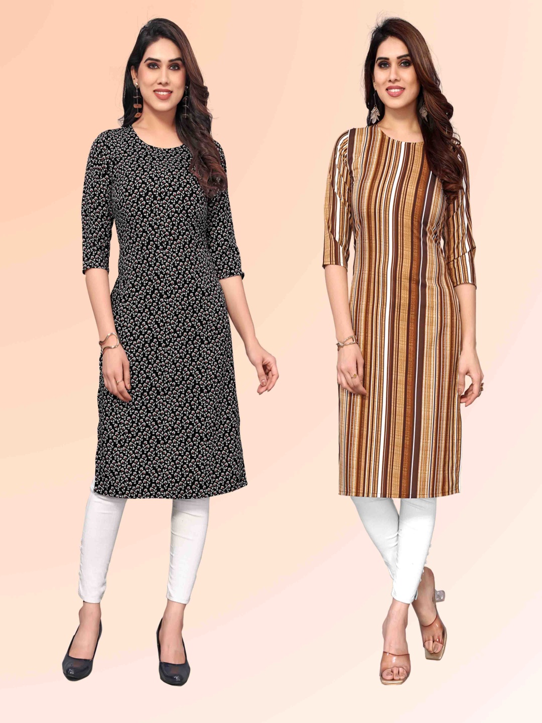 

KETAKI FASHION Selection Of 2 Floral Printed Round Neck Straight Kurtas, Black